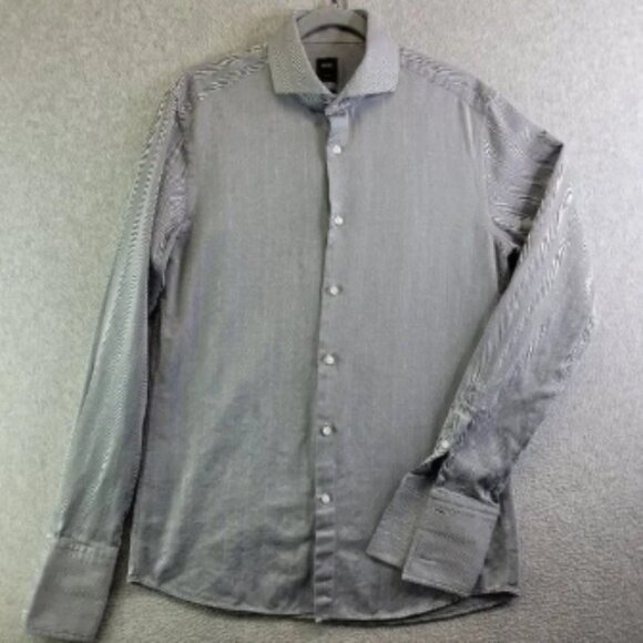 Hugo Boss Shirt Mens 15 3/4 40 Gray Striped Yacob Cuff Link Sleeve Collar Stays - Picture 1 of 11